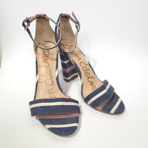 Sam Edelman Shoes - Sam Edelman Susie Stripe Denim Block Heel Sandals Womens Ankle Strap Size 7 Shoe